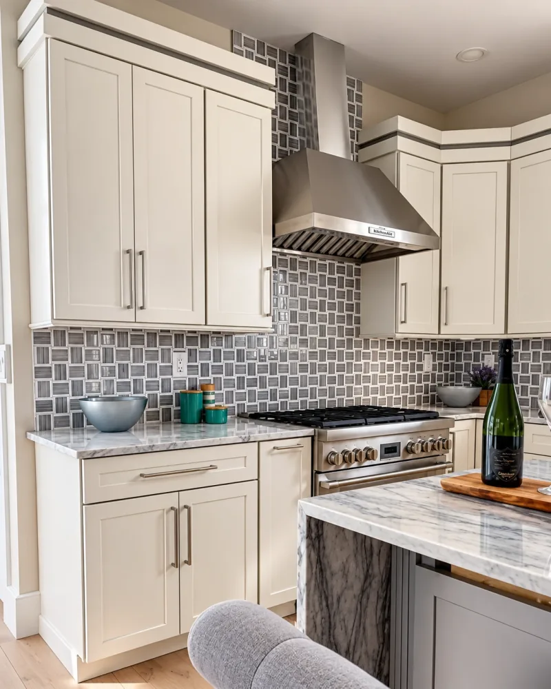 White corner cabinets and gray tile