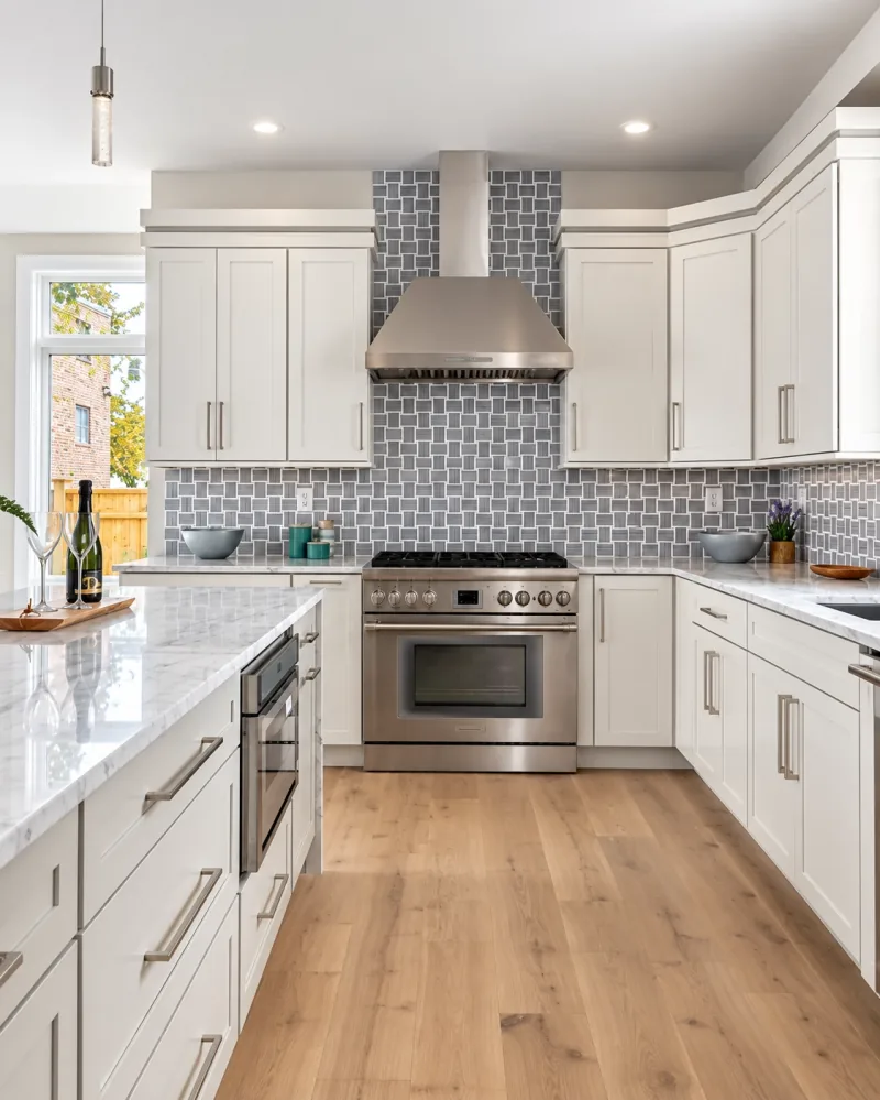 White kitchen with pro range and island