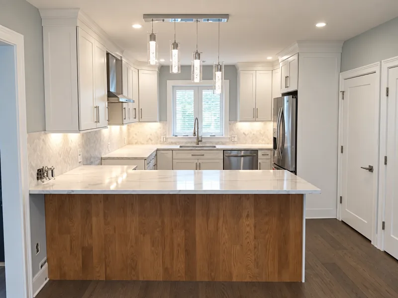 White kitchen with wood-paneled island
