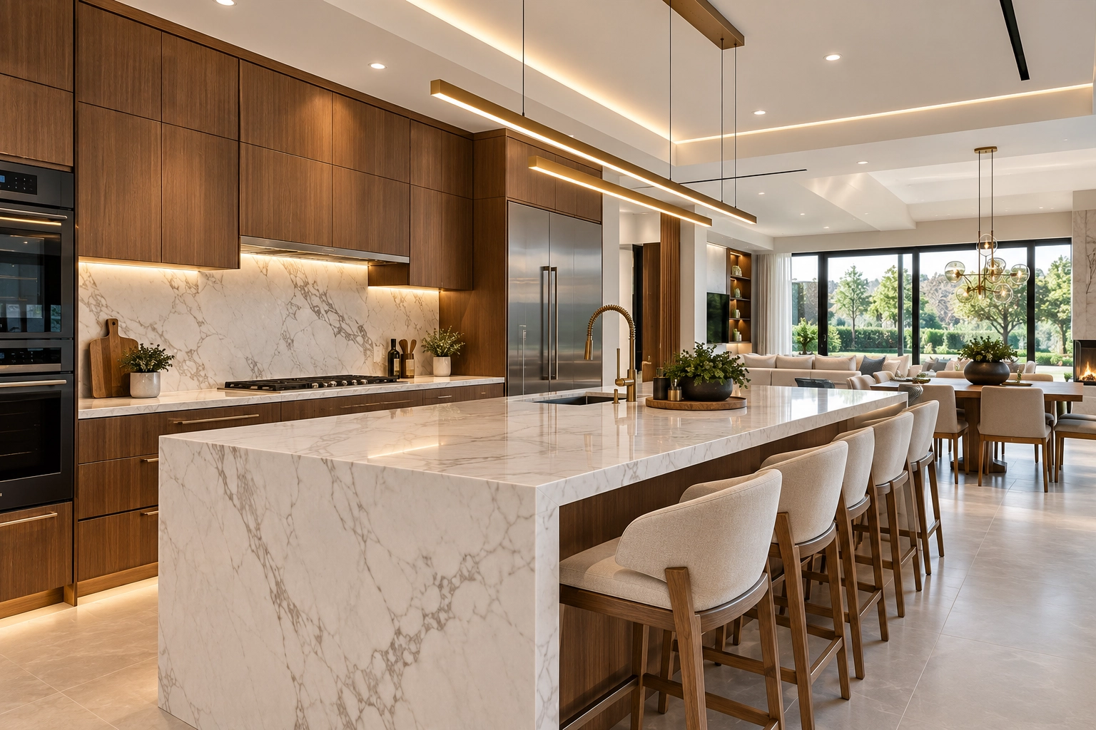 Open kitchen and dining room designed with the homeowners