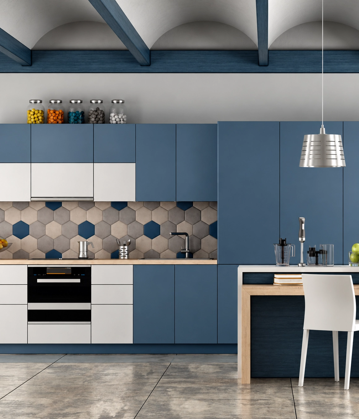 Modern kitchen with blue Super Matte cabinets and white accents